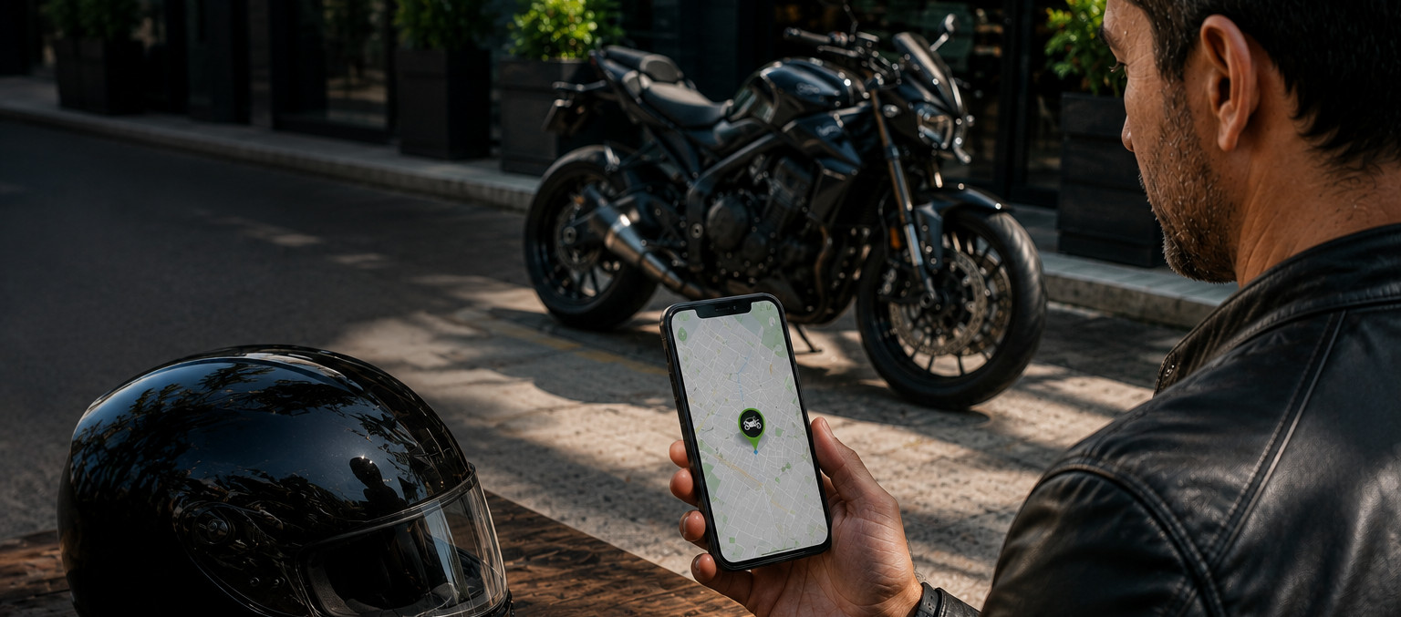 Un motorizado ubica su moto desde el telefono mientras toma un cafe