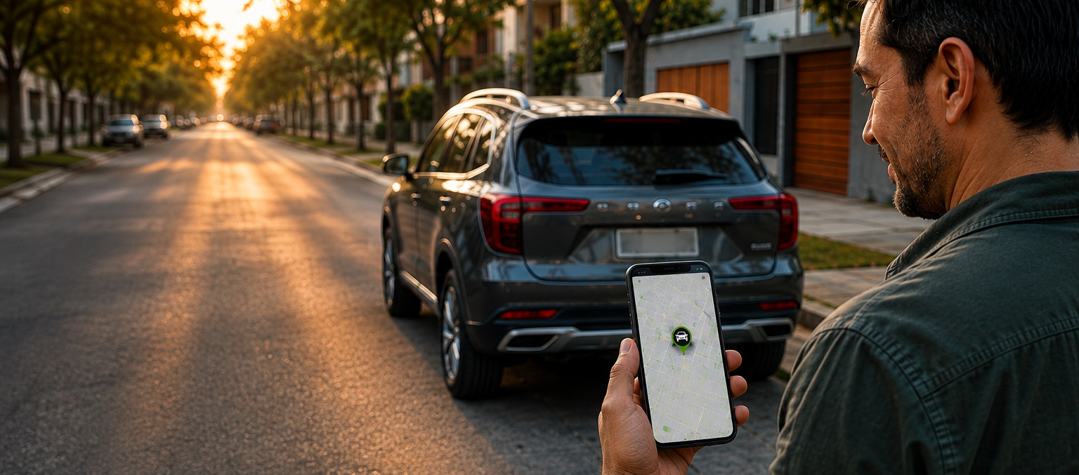 Un hombre revisa desde su telefono la ubicacion de su carro estacionado en la calle